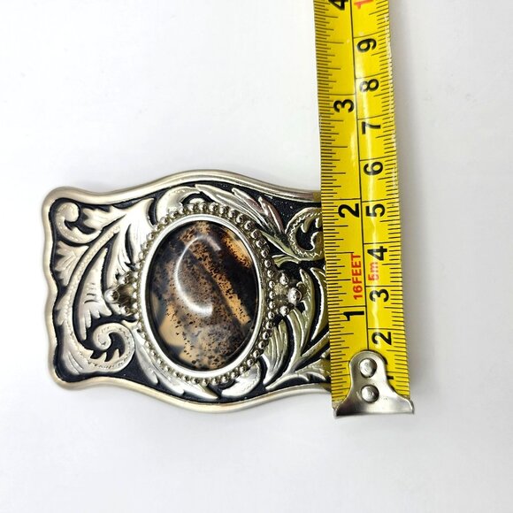 Western Belt Buckle Dendritic Agate Cabochon Silvertone Engraved Side Pieces - Picture 12 of 12